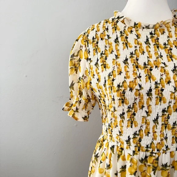IVY CITY CO Lemon Drop Layered Smocked Maxi Dress puff sleeve Lemon Print Large - Picture 4 of 12